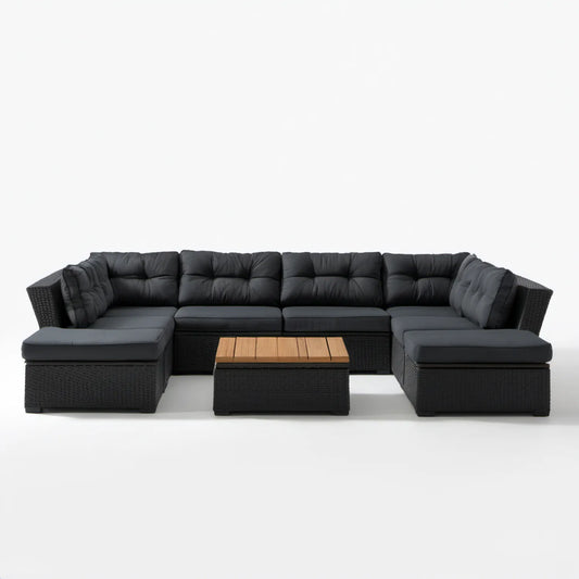 Modułowy narożnik ogrodowy w kształcie U ze stolikiem 300 x 200 x 85 cm, czarny