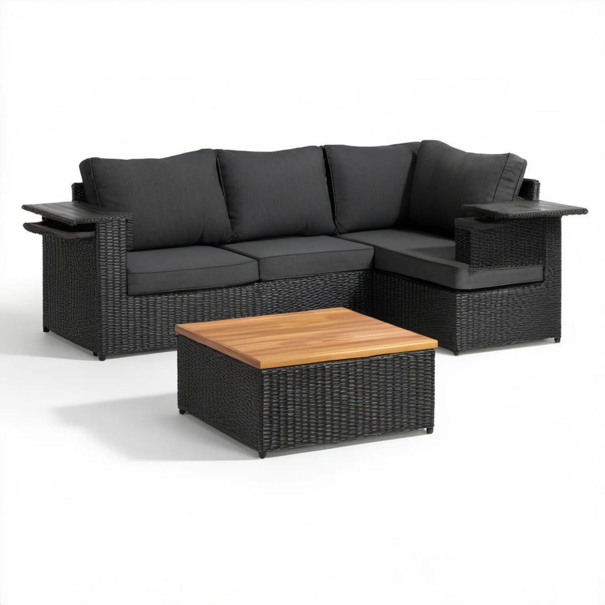 Narożna sofa ogrodowa z technorattanu ze stolikiem 205 × 205 × 63 cm Czarna