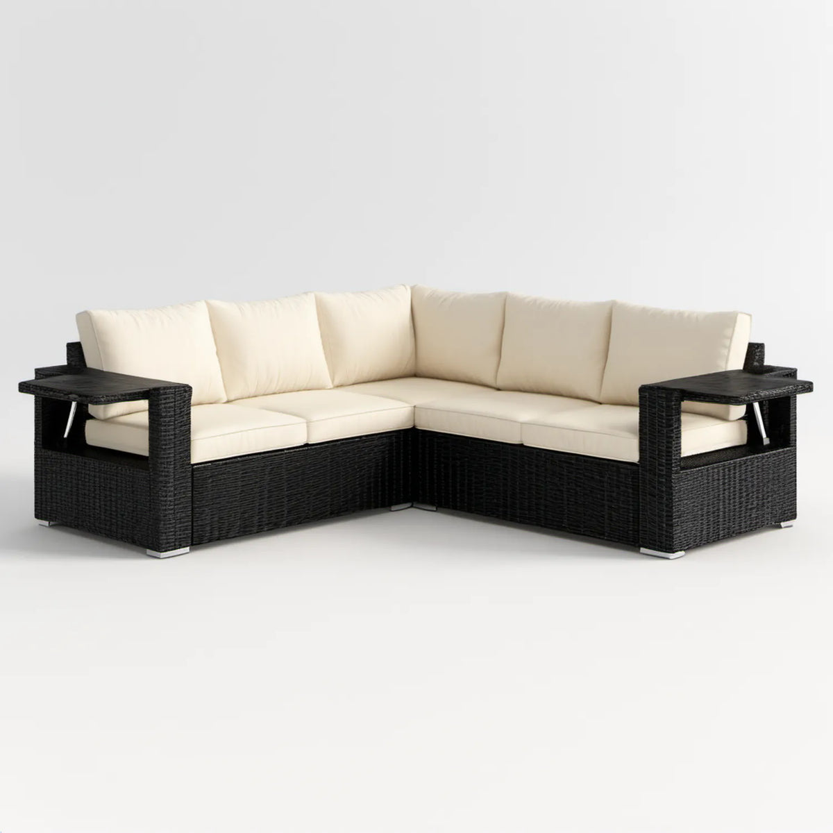 Narożna sofa ogrodowa z technorattanu PE czarno-kremowa w kształcie L, 210 × 210 × 75 × 65 cm