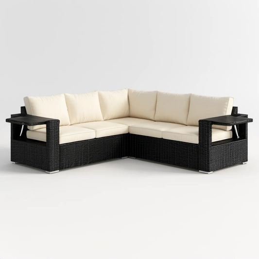 Narożna sofa ogrodowa z technorattanu PE czarno-kremowa w kształcie L, 210 × 210 × 75 × 65 cm