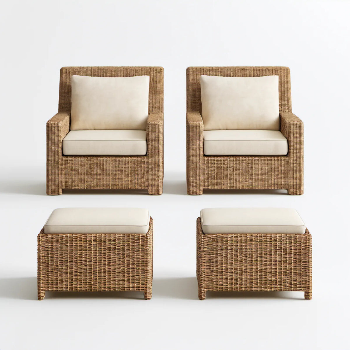 Zestaw 2 foteli ogrodowych z 2 podnóżkami, brązowo-kremowy, rattan PE, 68 × 72 × 88 cm