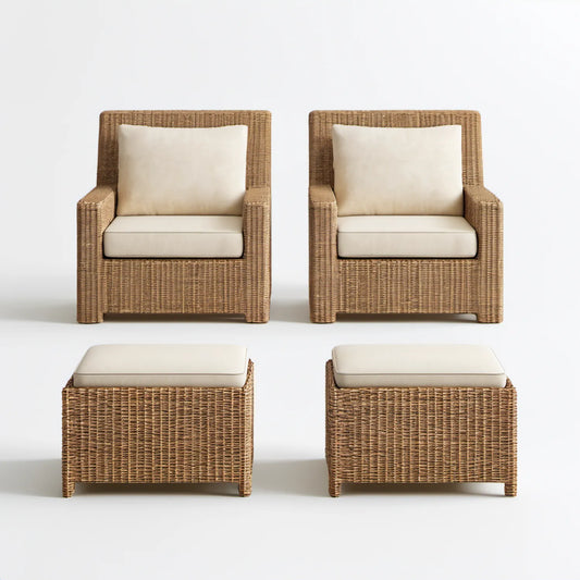 Zestaw 2 foteli ogrodowych z 2 podnóżkami, brązowo-kremowy, rattan PE, 68 × 72 × 88 cm