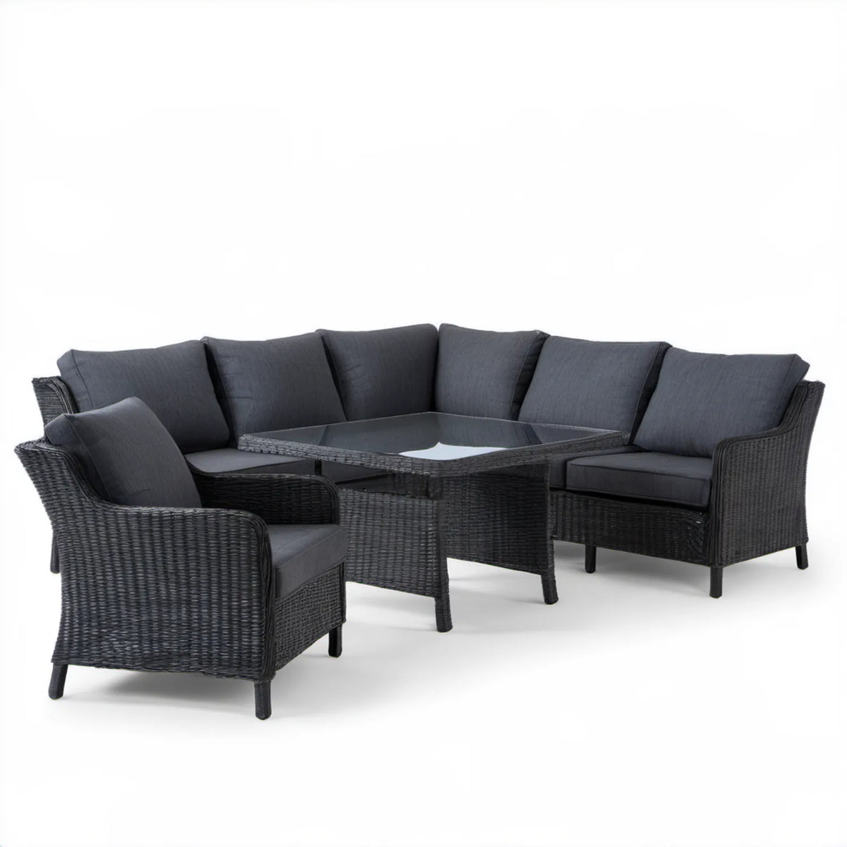 Czarny zestaw ogrodowy z technorattanu PE: sofa narożna 240 × 180 × 88 cm, fotel i stół ze szkłem hartowanym
